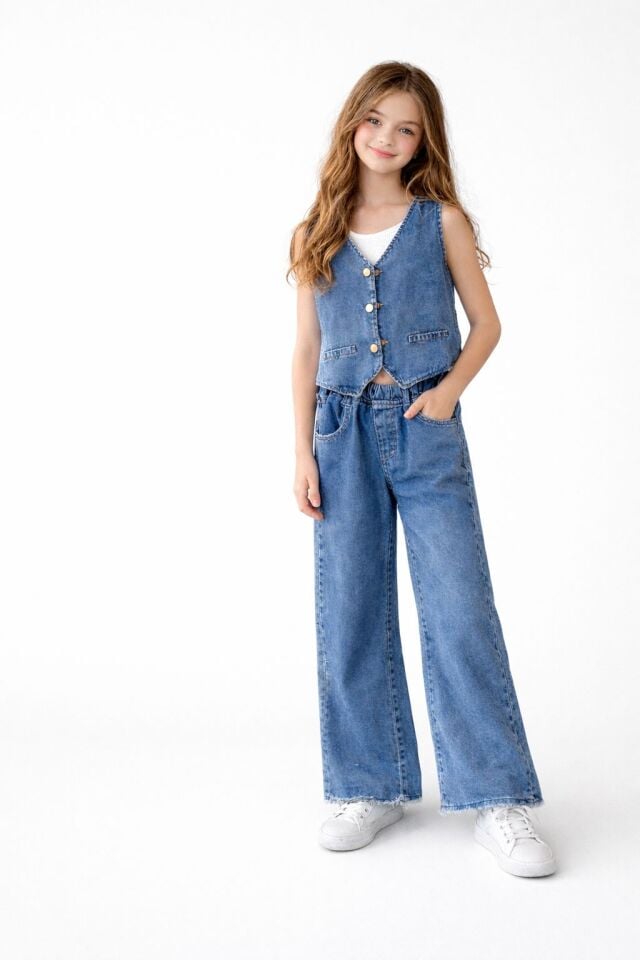 Bol Paça Jeans Pantolon Düğmeli Denim Yelekli 2'li takım 15 Yaş