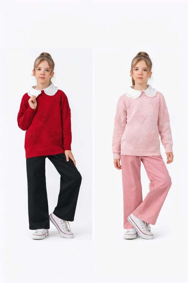 KIZ ÇOCUK TRİKO KALP DESENLİ TAKIM