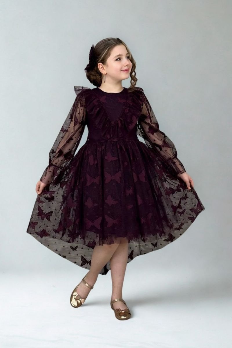 Kelebek Model Kız Çocuk Abiye Bordo 13 Yaş