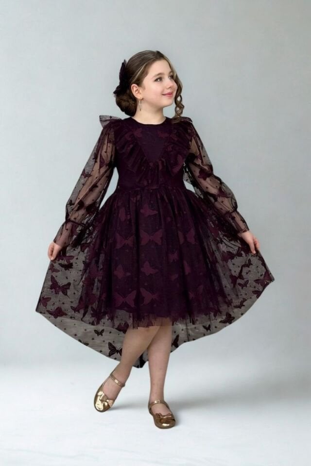 Kelebek Model Kız Çocuk Abiye Bordo 13 Yaş