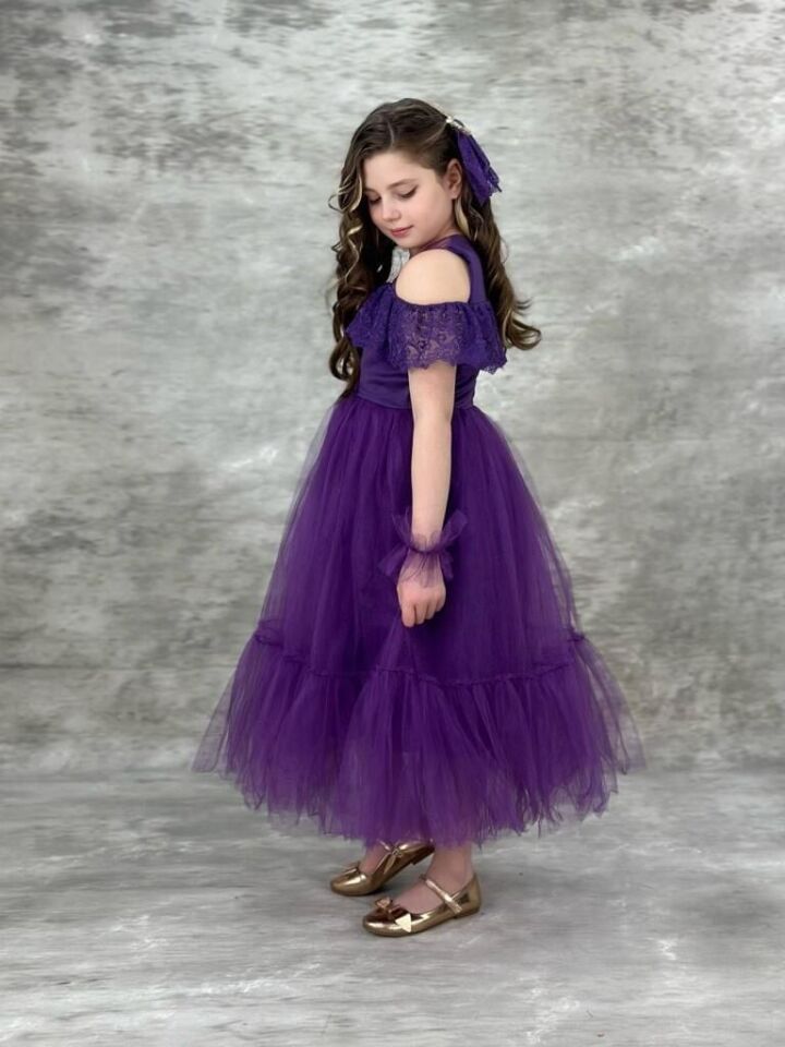 Zorya Kız Çocuk Güpür Gelinlik Mor - 9 Yaş