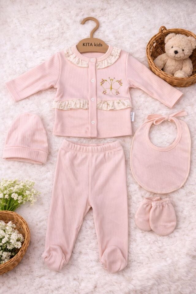 % PAMUK KELEBEK NAKIŞLI 5'Lİ HASTANE ÇIKIŞI Kahverengi / Açık - 0-3 ay