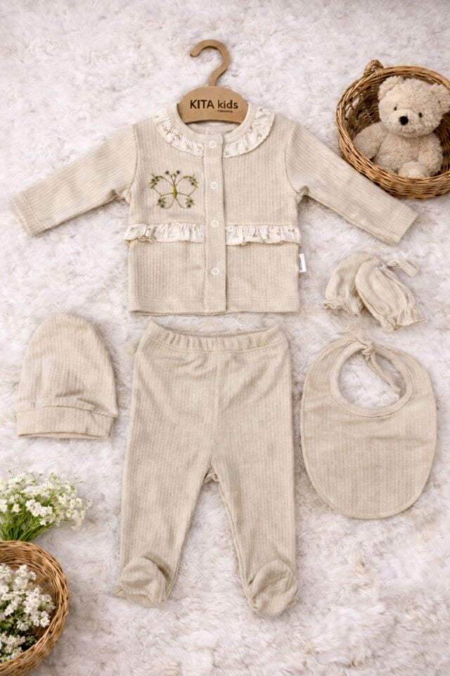 % PAMUK KELEBEK NAKIŞLI 5'Lİ HASTANE ÇIKIŞI Kahverengi / Açık - 0-3 ay