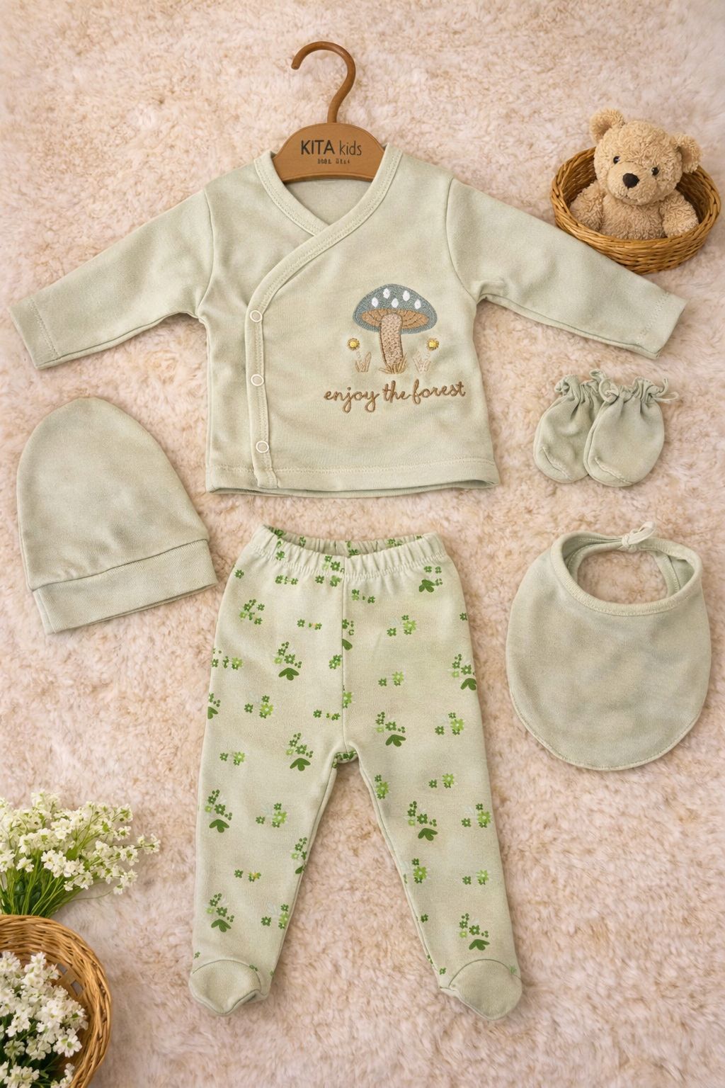 %100 PAMUK 5'Lİ MANTAR NAKIŞLI HASTANE ÇIKIŞI