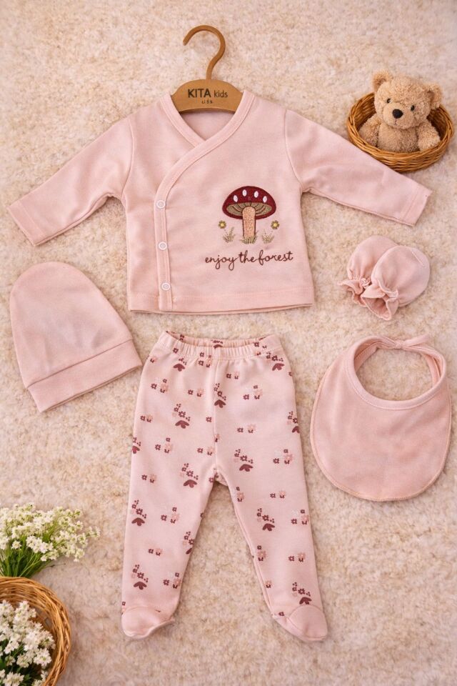 %100 PAMUK 5'Lİ MANTAR NAKIŞLI HASTANE ÇIKIŞI