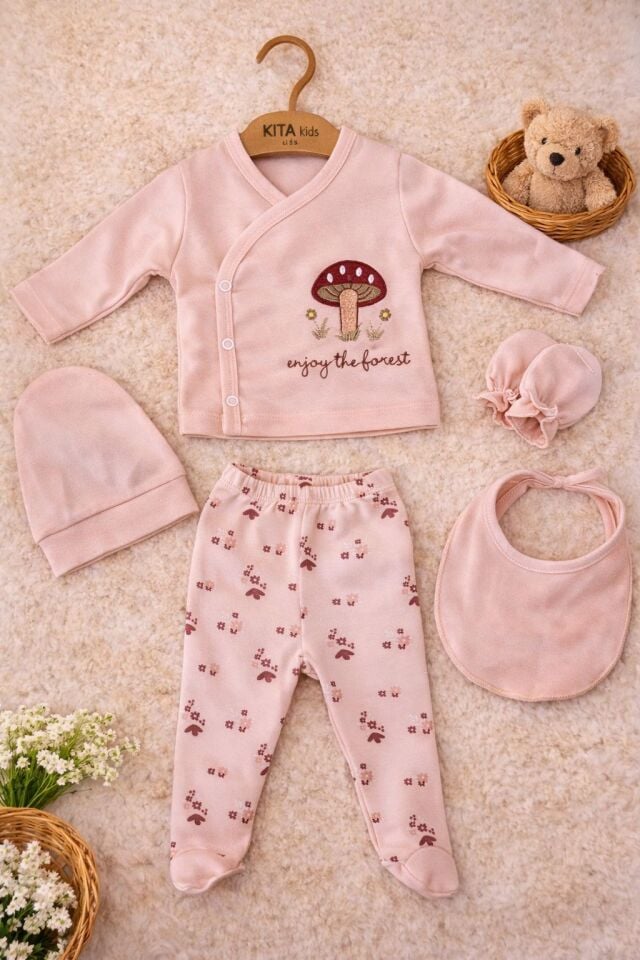 %100 PAMUK 5'Lİ MANTAR NAKIŞLI HASTANE ÇIKIŞI Su Yeşili - 0-3 ay