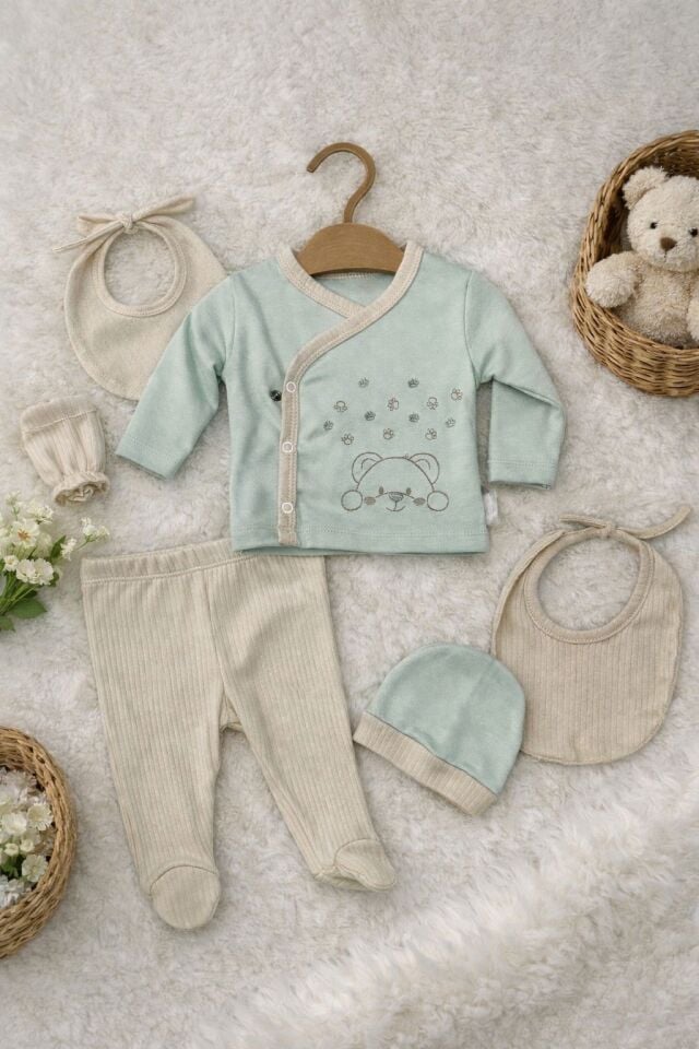 %100 PAMUK AYICIK İŞLEMELİ 5'Lİ HASTANE ÇIKIŞI Buz mavisi - 0-3 ay