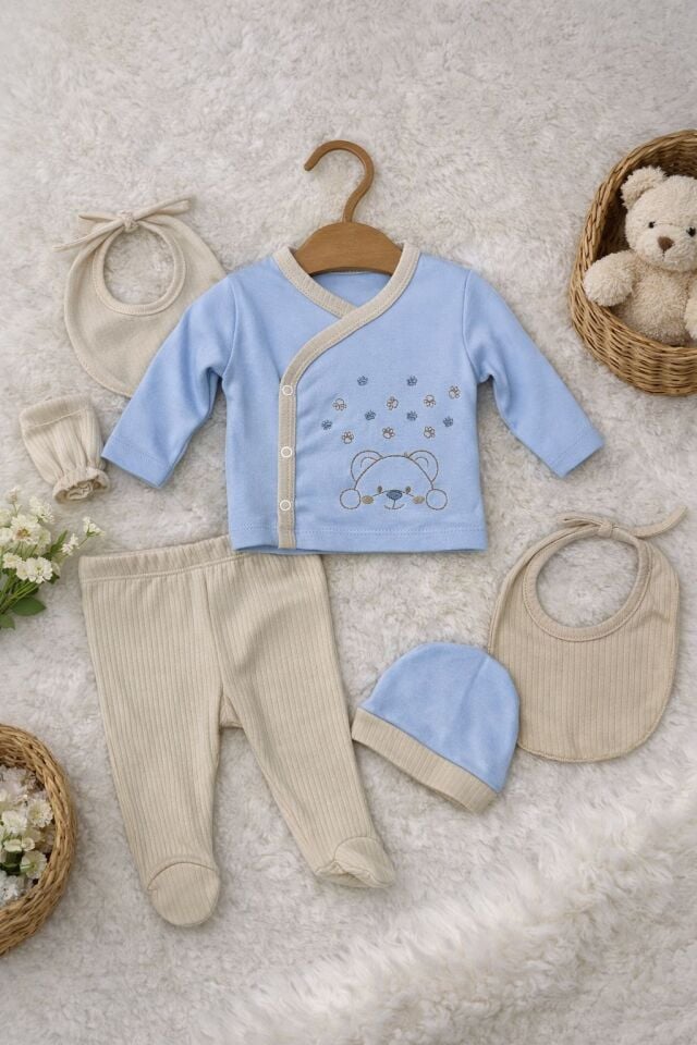 %100 PAMUK AYICIK İŞLEMELİ 5'Lİ HASTANE ÇIKIŞI Buz mavisi - 0-3 ay