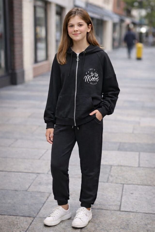 KIZ ÇOCUK EŞOFMAN TAKIMI KAPÜŞONLU FERMUARLI SPOR TAKIM Siyah - 13 Yaş