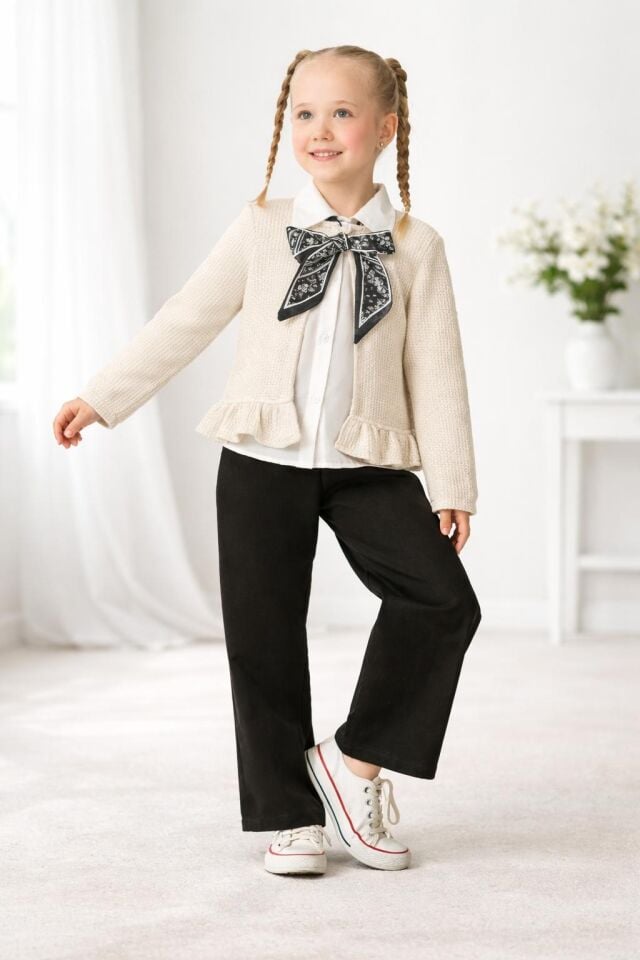 KIZ ÇOCUK FİYONKLU GÖMLEKLİ TRİKO HIRKA 3'LÜ TAKIM 12 Yaş