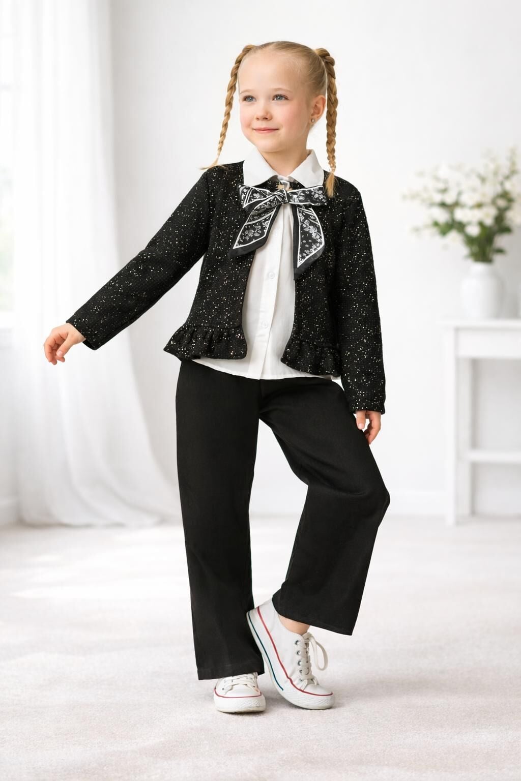 KIZ ÇOCUK FİYONKLU GÖMLEKLİ TRİKO HIRKA 3'LÜ TAKIM