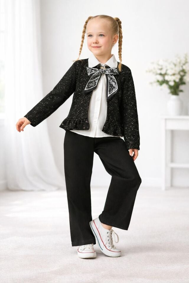 KIZ ÇOCUK FİYONKLU GÖMLEKLİ TRİKO HIRKA 3'LÜ TAKIM