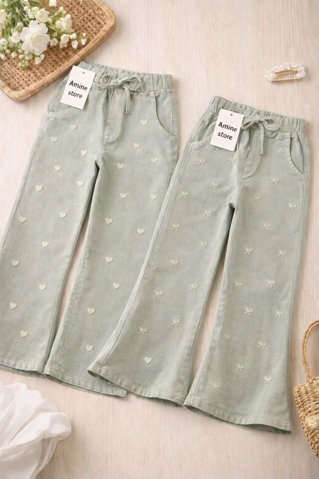 Beli Lastikli %100 Pamuk İspanyol Paça Pantolon Su Yeşili - 12-13 yaş