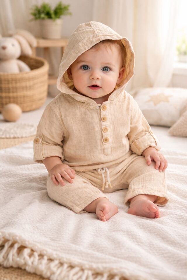 % PAMUK MÜSLİN KUMAŞ KAPÜŞONLU TAKIM