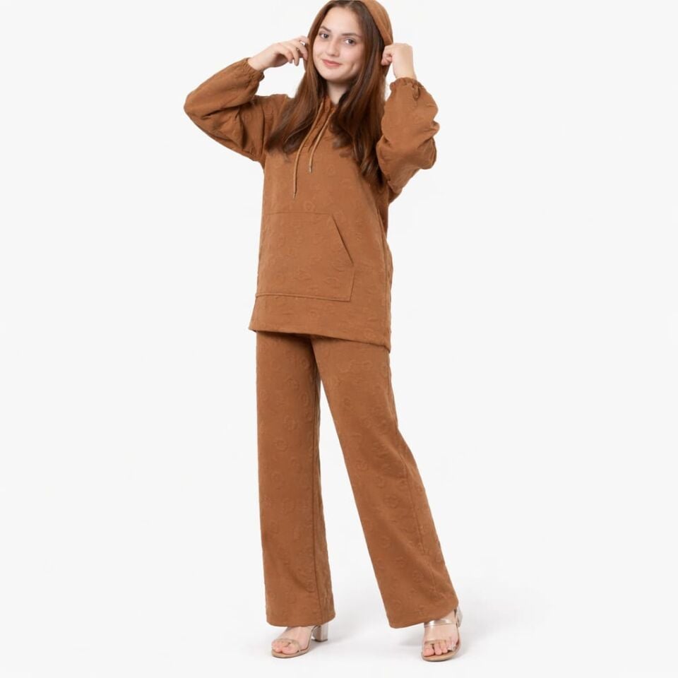 KIZ ÇOCUK KAPŞONLU KABARTMA DESENLİ TAKIM