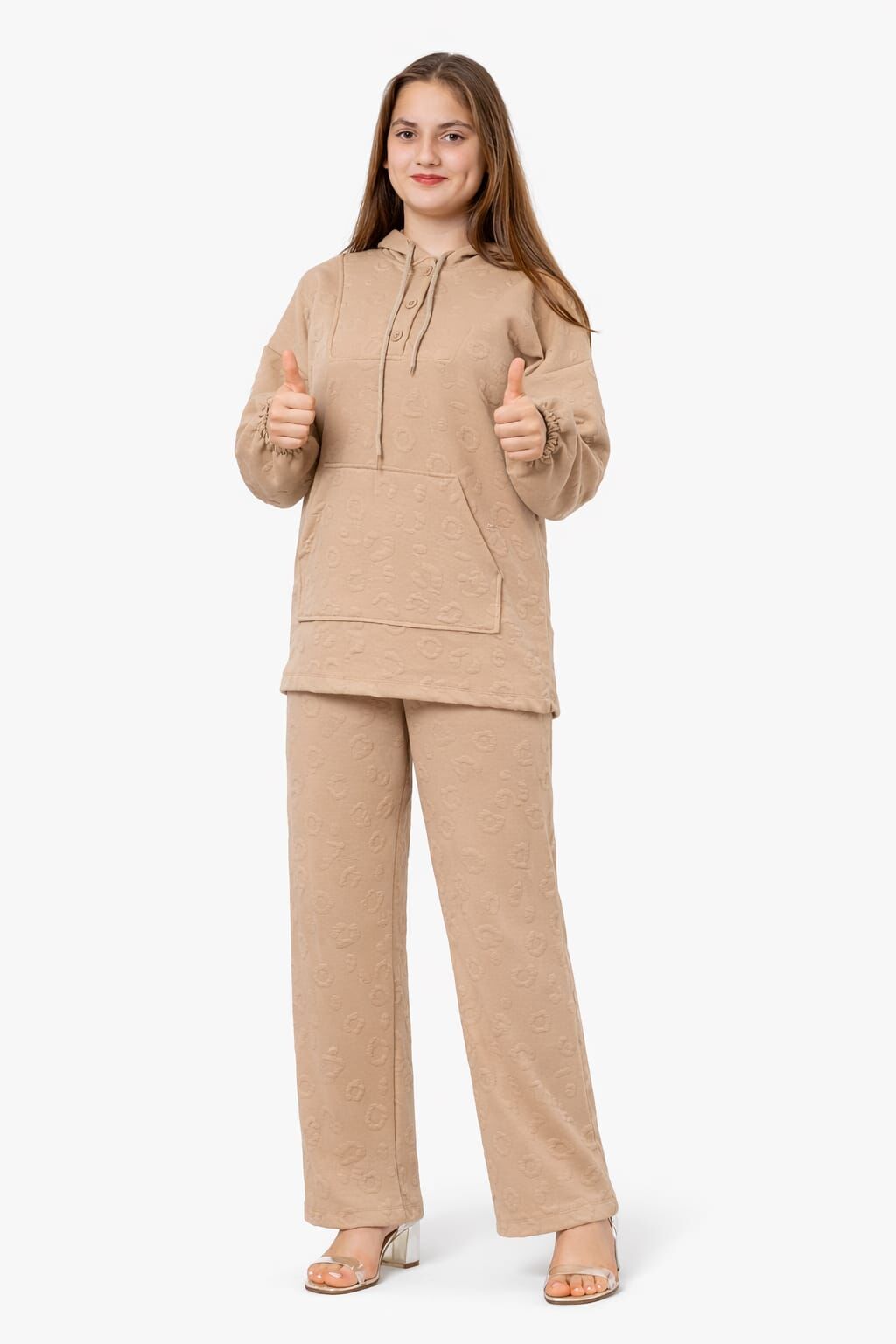 KIZ ÇOCUK KAPŞONLU KABARTMA DESENLİ TAKIM