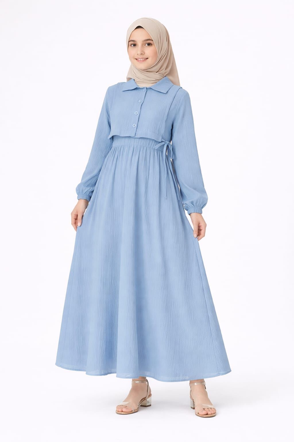 KIZ ÇOCUK KUŞAK DETAYLI TAM BOY ELBİSE