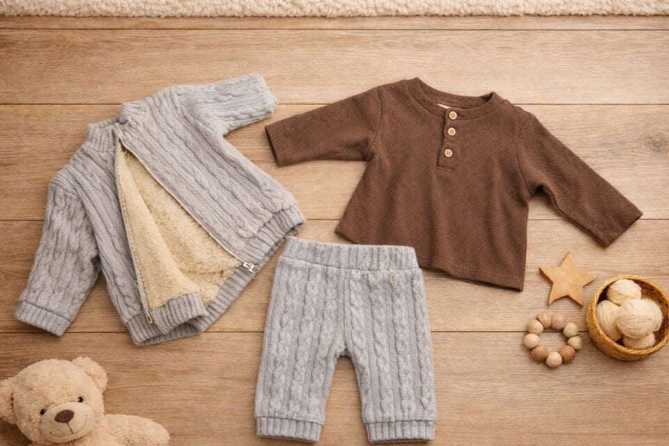 KIŞLIK BEBEK TAKIMI 3'LÜ SET TRİKO PANTOLON UZUN KOLLU ÜST VE SICAK TUTAN PELUŞ ASKILI HIRKA 18-24 ay