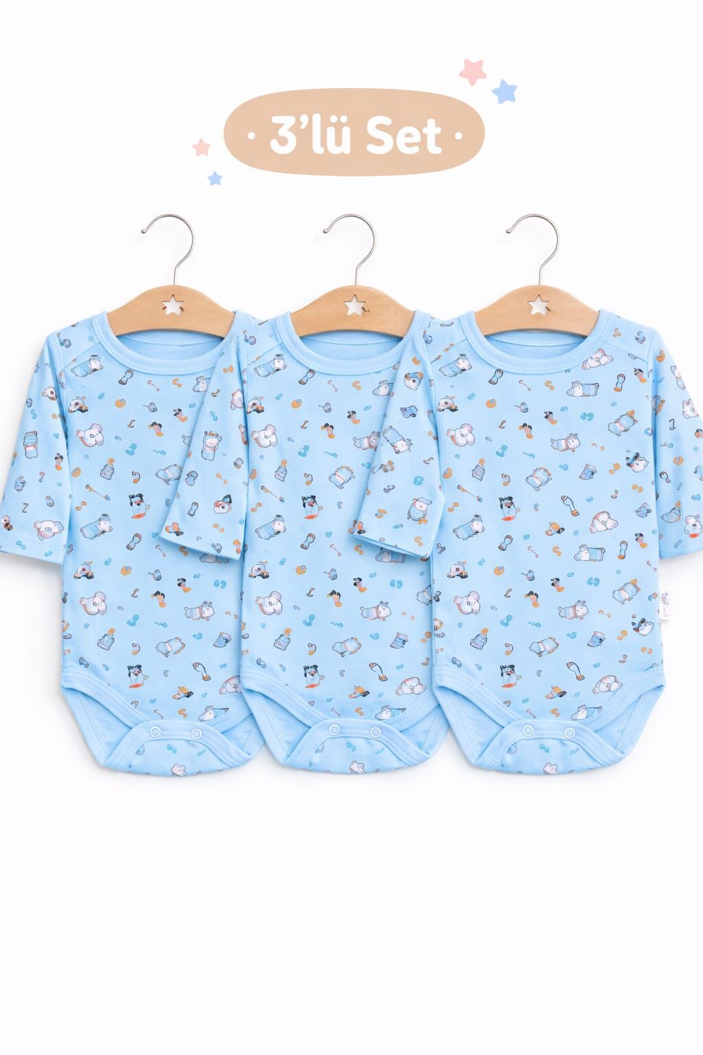 %100 PAMUK 3'LÜ SET UZUN KOL ÇITÇITLI BADİ