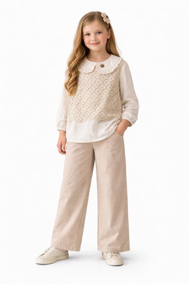 KIZ ÇOCUK DANTEL SÜVETERLİ BOL PAÇA TAKIM