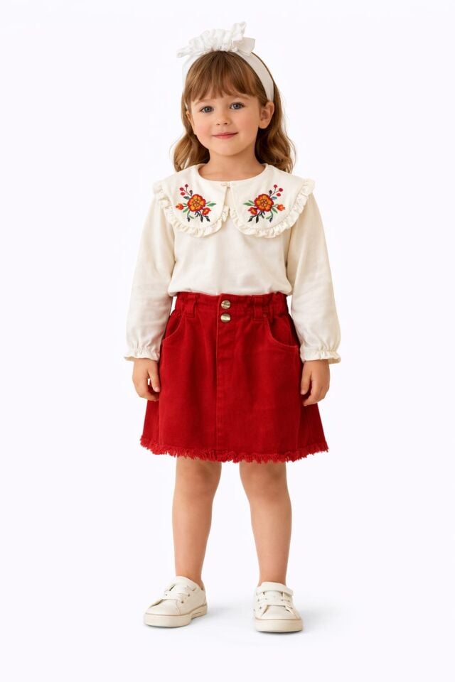 KIZ ÇOCUK NAKIŞ DETAYLI BLUZ & KOT ETEKLİ TAKIM