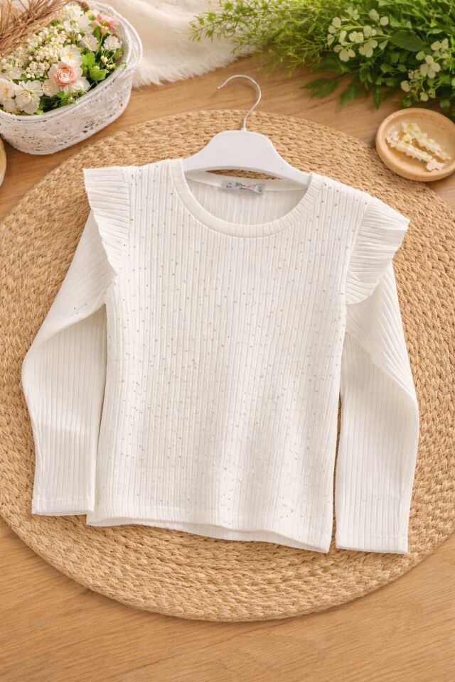 KIZ ÇOCUK SİMLİ OMUZ FIRFIRLI RİBANA BLUZ pudra - 10 - 11 Yaş