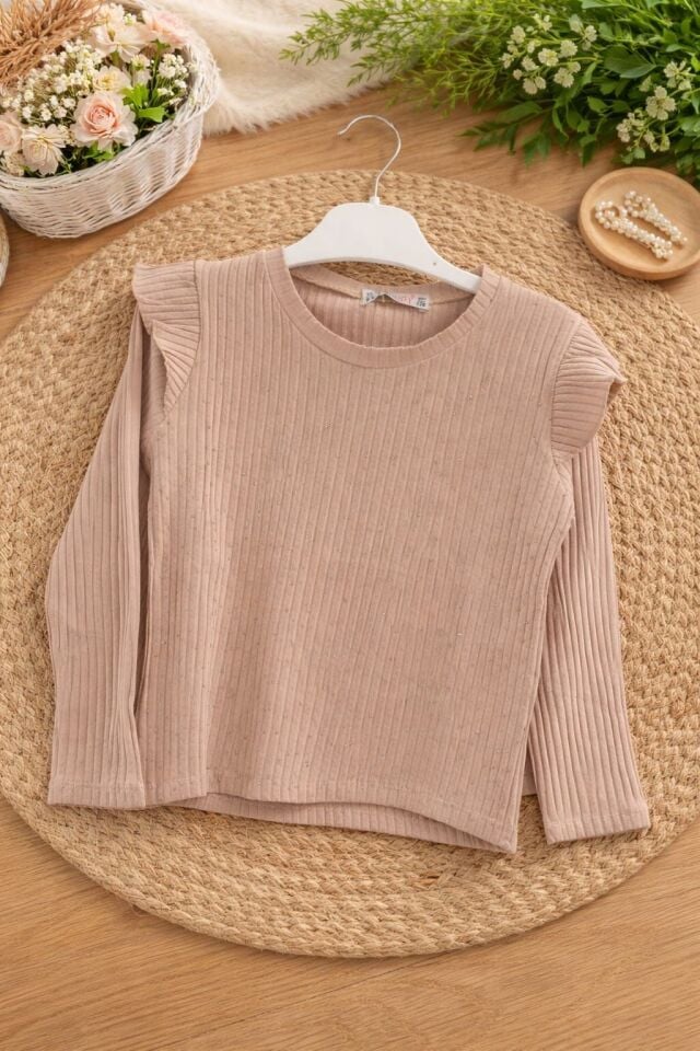 KIZ ÇOCUK SİMLİ OMUZ FIRFIRLI RİBANA BLUZ pudra - 10 - 11 Yaş