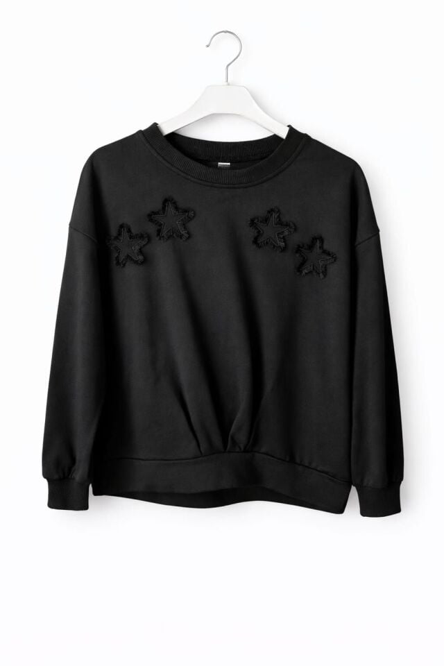 KIZ ÇOCUK YILDIZ APLİKELİ SWEATSHİRT Siyah - 11-12 yaş