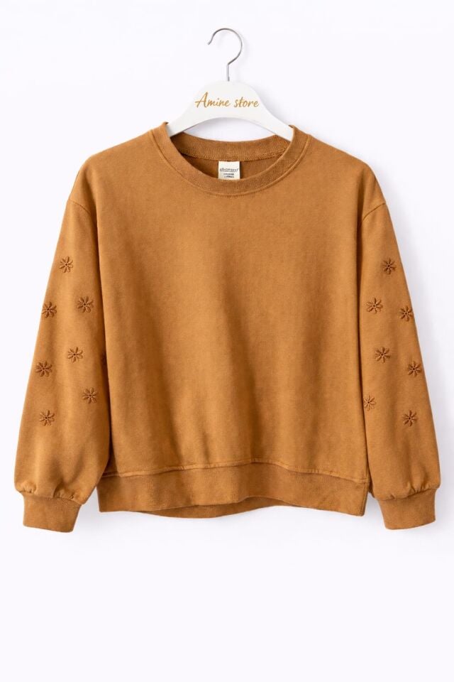 KIZ ÇOCUK ÇİÇEK NAKIŞLI SWEATSHİRT Kahverengi - 13 - 14 Yaş