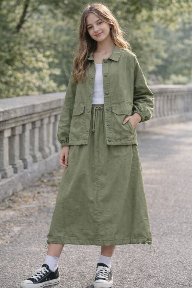 KIZ ÇOCUK ETEKLİ PARAŞUT KUMAŞ 2'Lİ TAKIM Yeşil - 9 Yaş