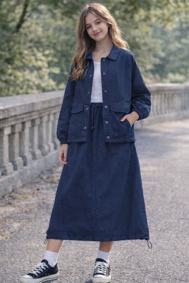 KIZ ÇOCUK ETEKLİ PARAŞUT KUMAŞ 2'Lİ TAKIM Lacivert - 9 Yaş