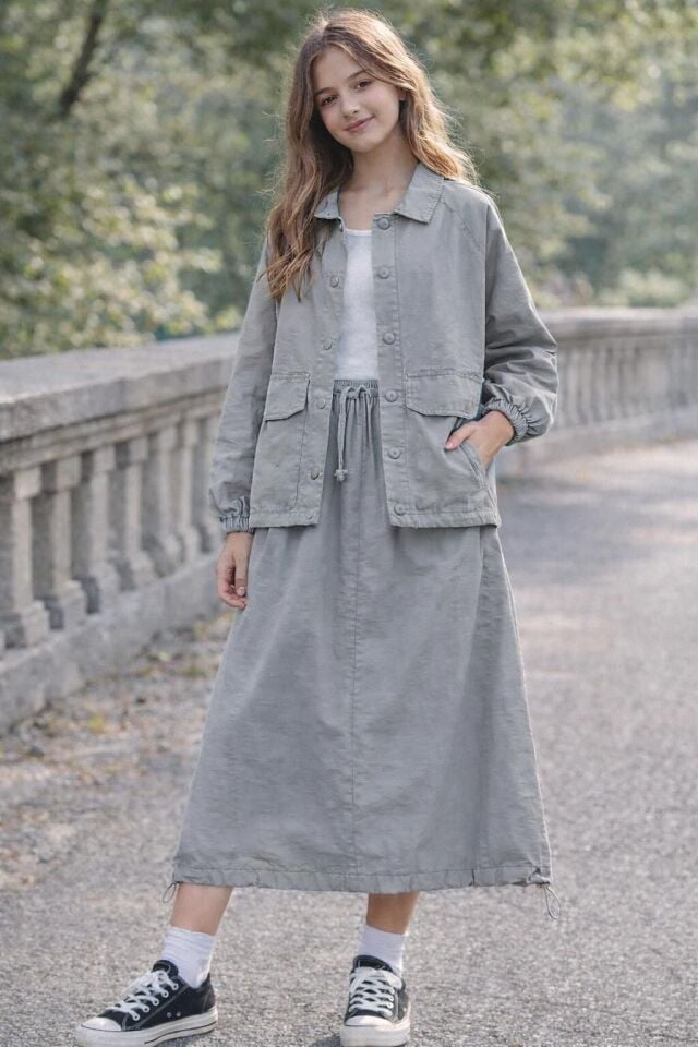 KIZ ÇOCUK ETEKLİ PARAŞUT KUMAŞ 2'Lİ TAKIM Gri - 9 Yaş