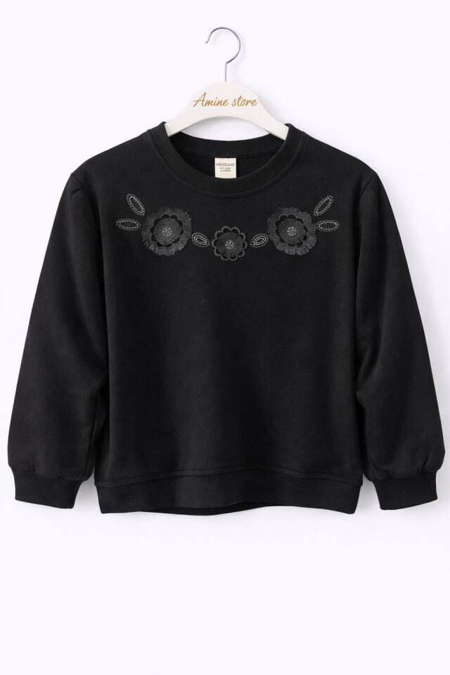 KIZ ÇOCUK ÇİÇEKLİ SWEATSHİRT Siyah - 4-5 yaş