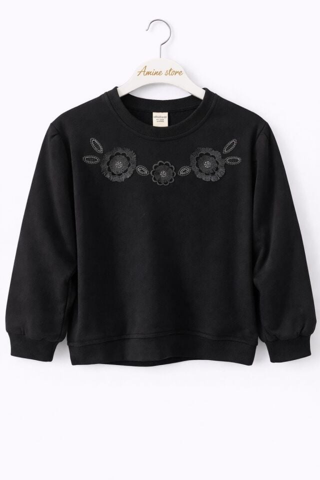 KIZ ÇOCUK ÇİÇEKLİ SWEATSHİRT Siyah - 5-6 yaş
