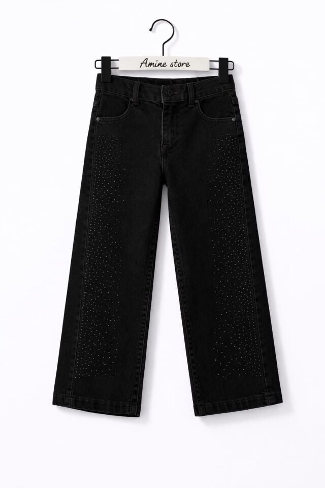 KIZ ÇOCUK TAŞ İŞLEMELİ BOL PAÇA KOT PANTOLON Açık Kot - 10 Yaş