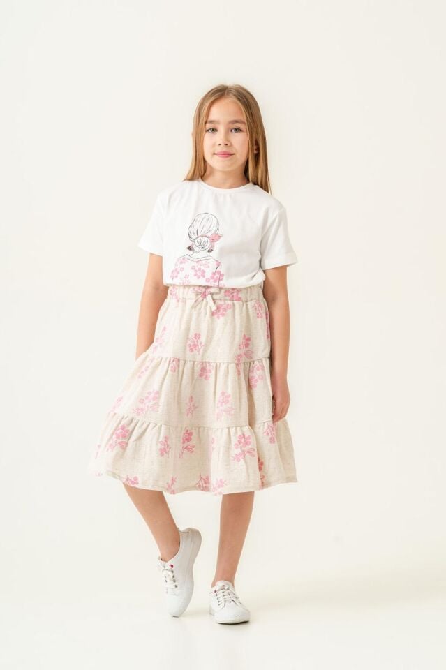 KIZ ÇOCUK KETEN DOKUMA KUMAŞ ETEKLİ TAKIM