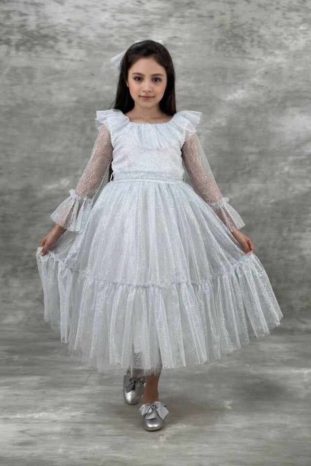 Vals Kız Çocuk Pırıltı Model Abiye 7 Yaş - Beyaz