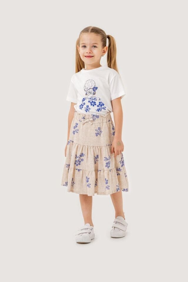 KIZ ÇOCUK KETEN DOKUMA KUMAŞ ETEKLİ TAKIM Mavi - 13-14 yaş