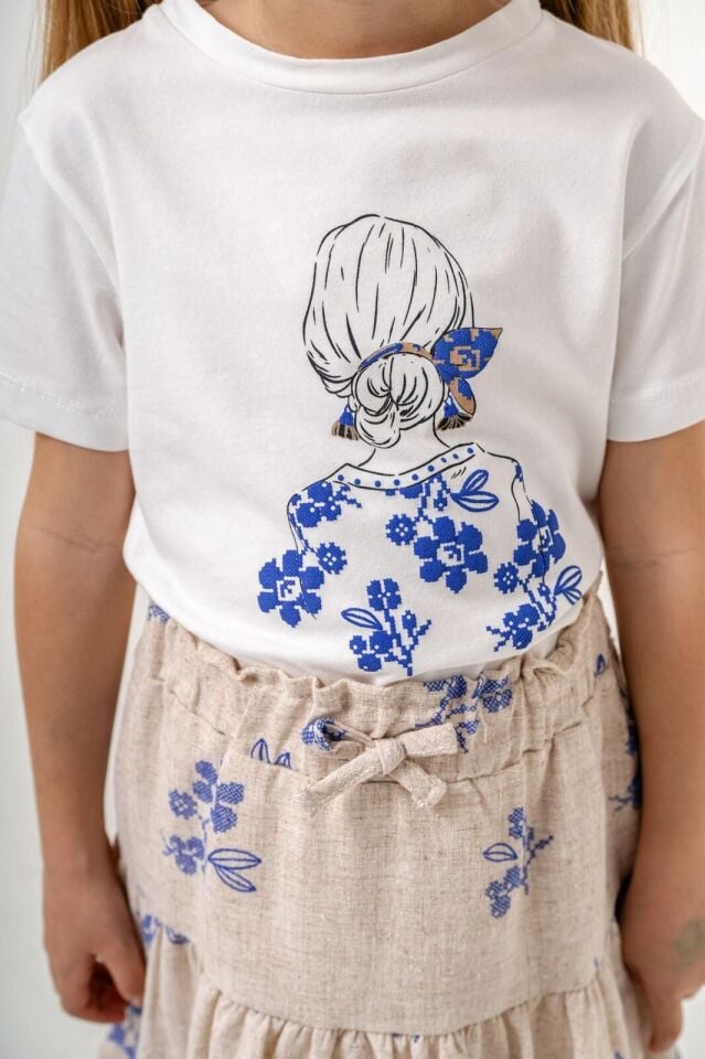 KIZ ÇOCUK KETEN DOKUMA KUMAŞ ETEKLİ TAKIM Mavi - 13-14 yaş