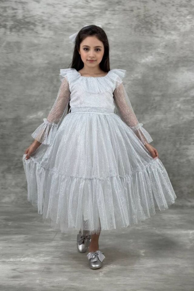 Vals Kız Çocuk Pırıltı Model Abiye 11 Yaş - Beyaz