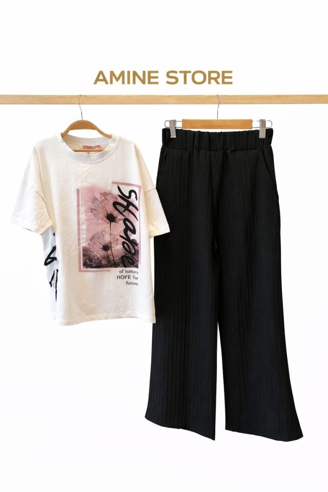 PİLİSELİ PANTOLON BASKILI  BEYAZ TİŞÖRT 2'Lİ TAKIM