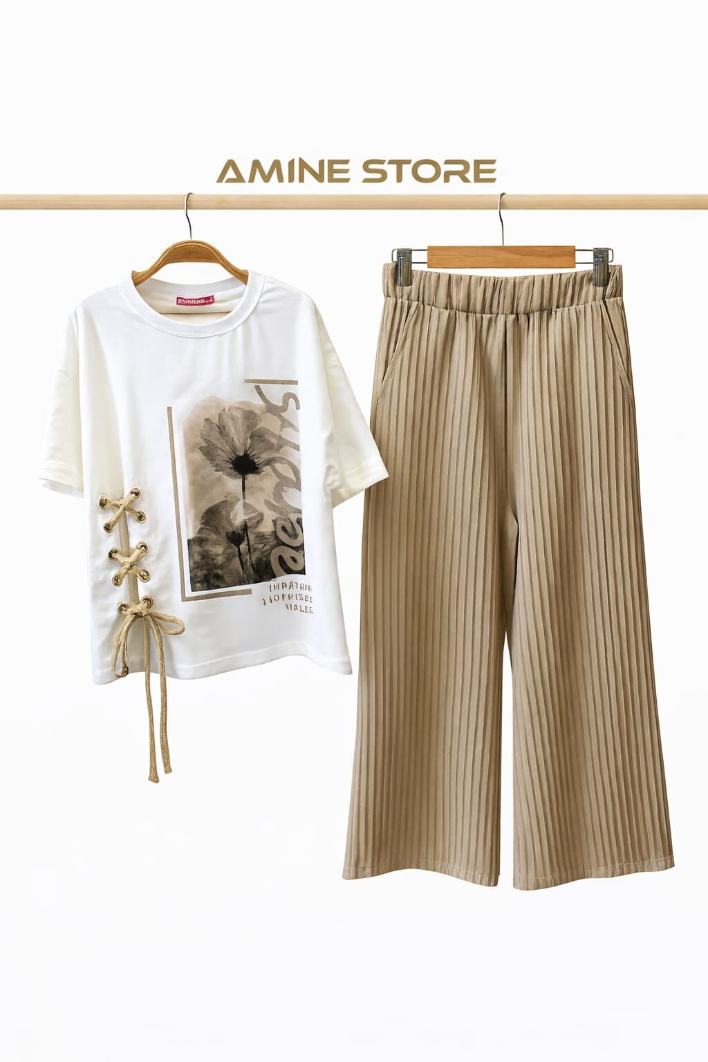 PİLİSELİ PANTOLON BASKILI  BEYAZ TİŞÖRT 2'Lİ TAKIM