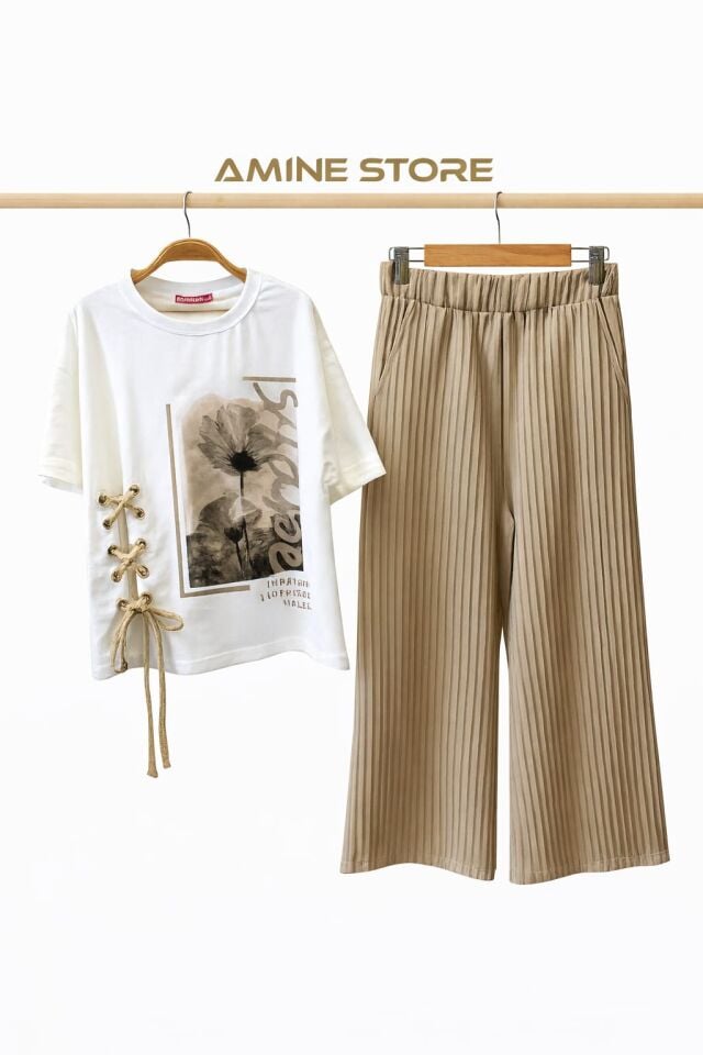 PİLİSELİ PANTOLON BASKILI  BEYAZ TİŞÖRT 2'Lİ TAKIM Bej - 15 Yaş