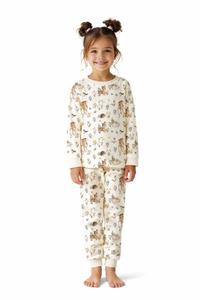 KIZ ÇOCUK GEYİK DESENLİ %100 PAMUK PİJAMA TAKIMI 10-11 yaş