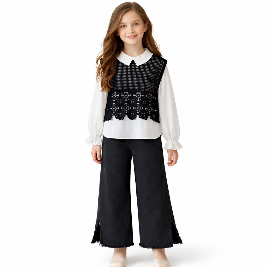 KIZ ÇOCUK SİYAH BEYAZ DANTEL DETAYLI  3'LÜ TAKIM