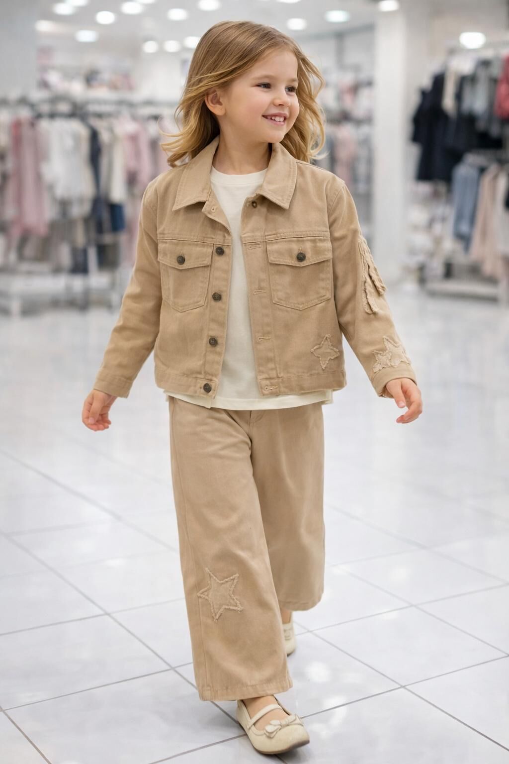 KIZ ÇOCUK YILDIZ DETAYLI KOT 3'LÜ TAKIM