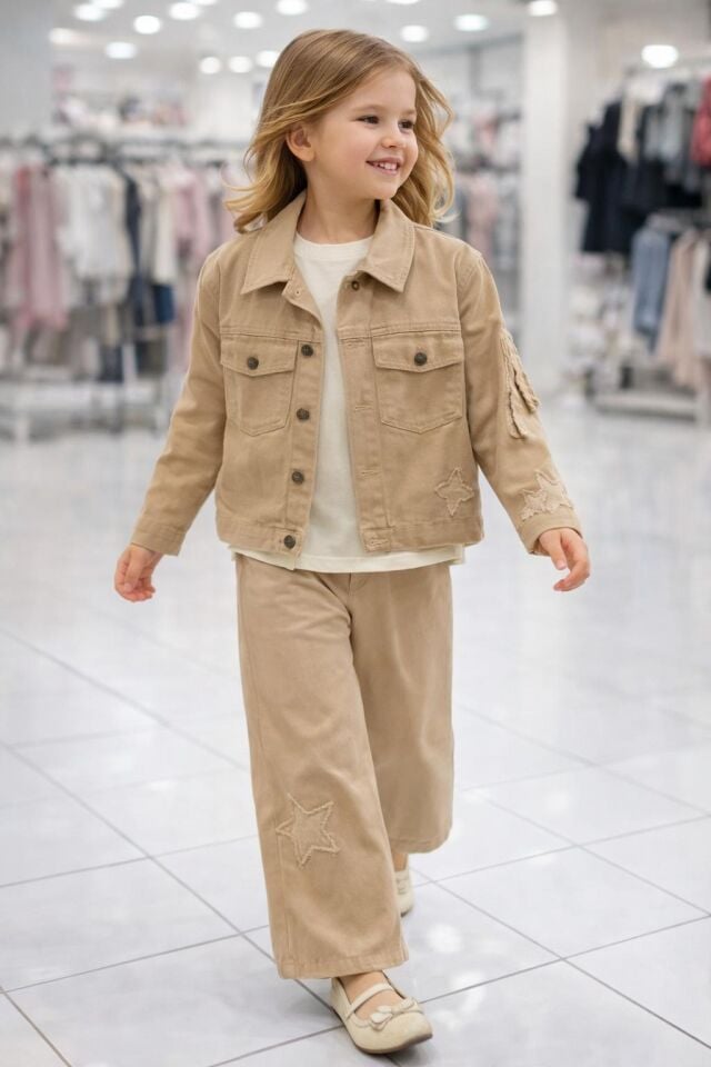 KIZ ÇOCUK YILDIZ DETAYLI KOT 3'LÜ TAKIM