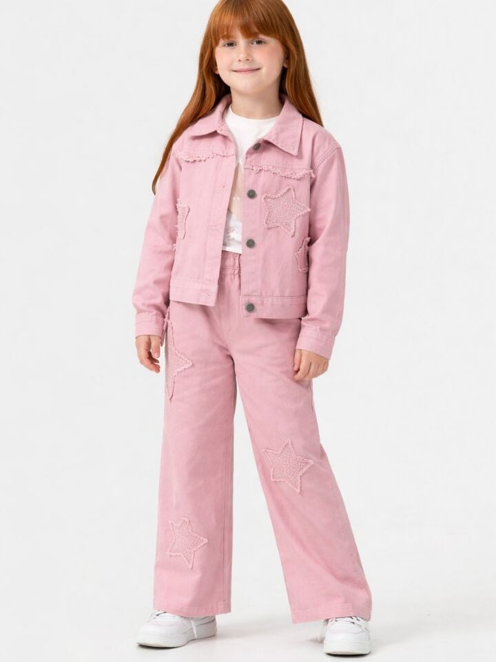 KIZ ÇOCUK YILDIZ DETAYLI KOT 3'LÜ TAKIM