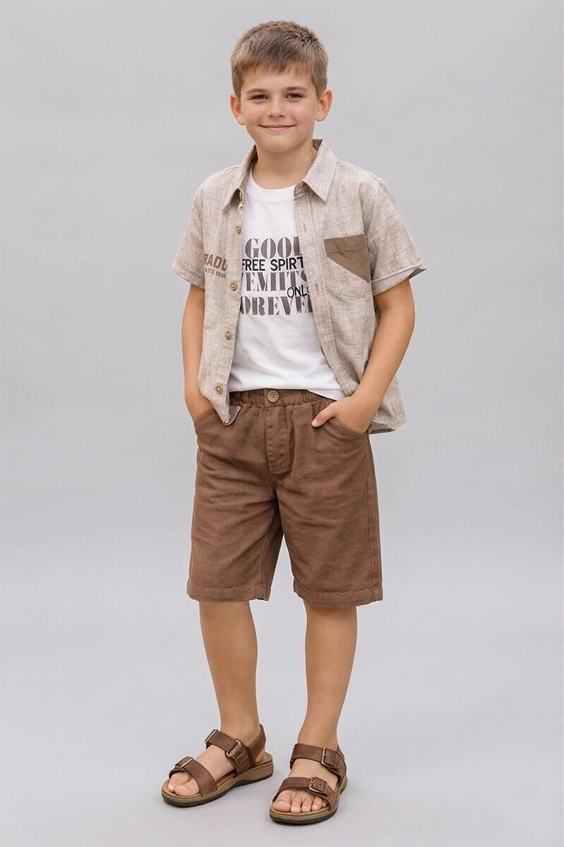 Brezia %100 Pamuklu Erkek Gömlek ve Şort Takım Kahverengi - 8 Yaş