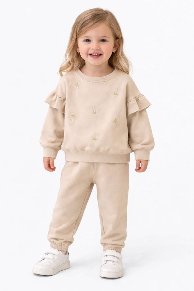 KIZ ÇOCUK NAKIŞLI 2'Lİ EŞOFMAN TAKIM Bej - 3 Yaş